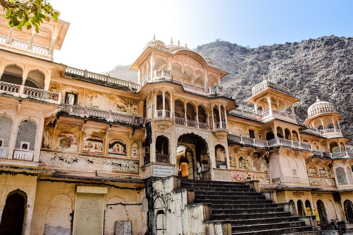 Sacred water tanks and monkeys at Galtaji Temple complex near Jaipur hills