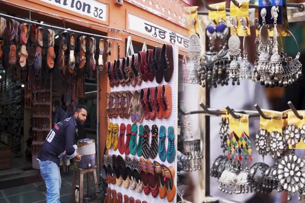 Colorful shops and pink-walled streets at Johari Bazaar in Jaipur’s old city