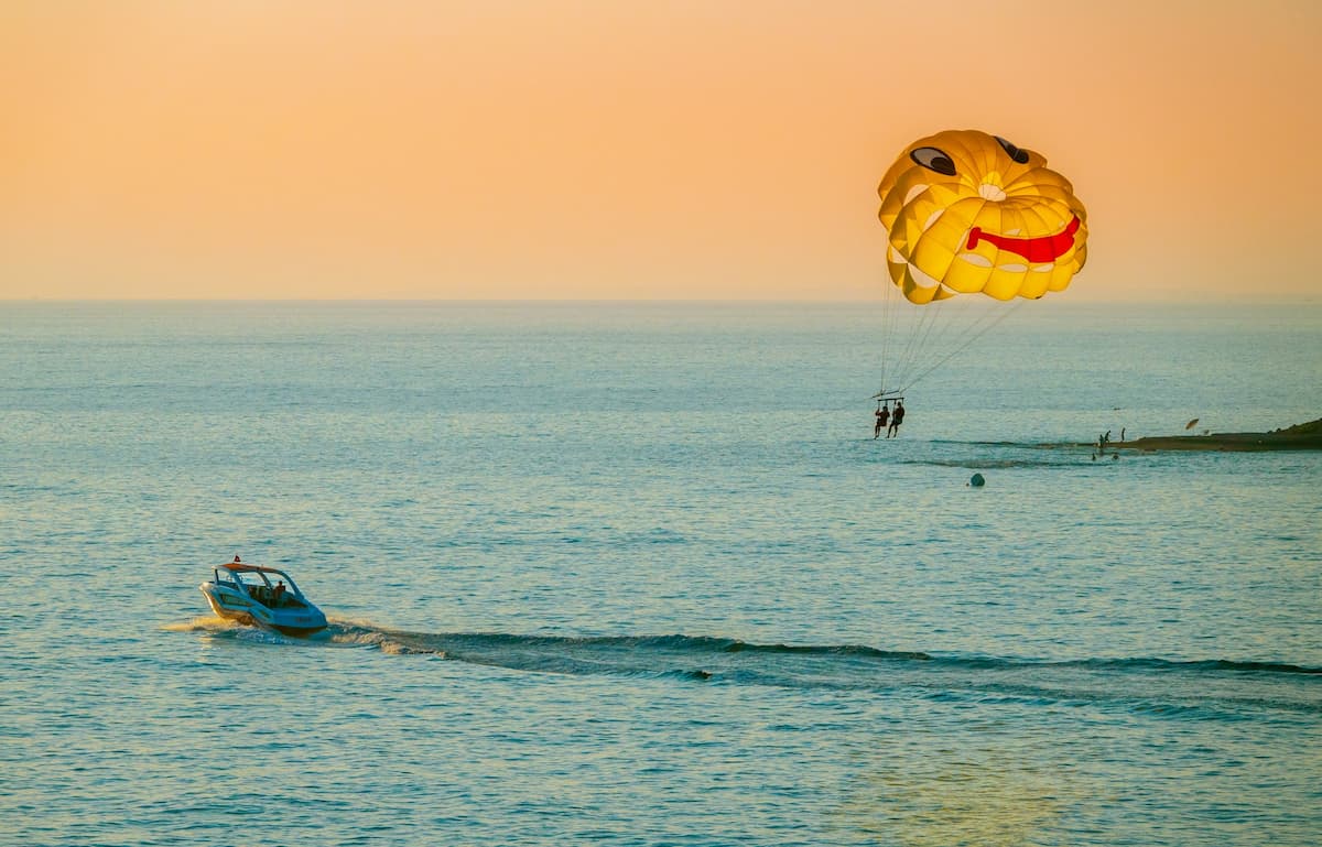 Adventurer parasailing high above the Goan Coast;ine, Enjoying a breathtaking aerial view of the sea and the beach